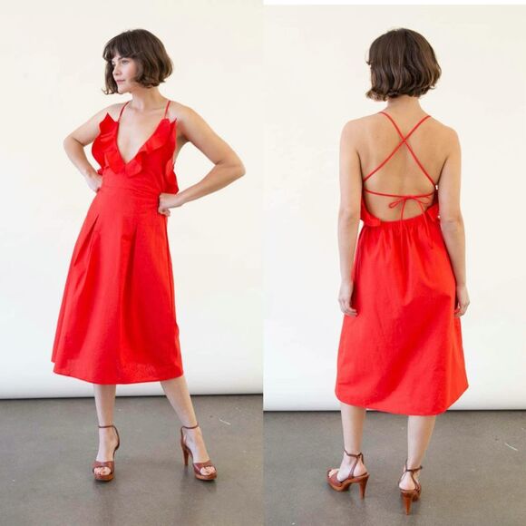 NWT Toit Volant Nana Atelier Red Ruffle Dress Sz L Backless Linen Blend - Picture 3 of 11